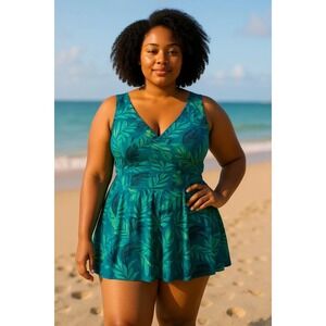 Summer Mae 3XL Swim Dress One Piece Swimsuit Tropical Leaf Print